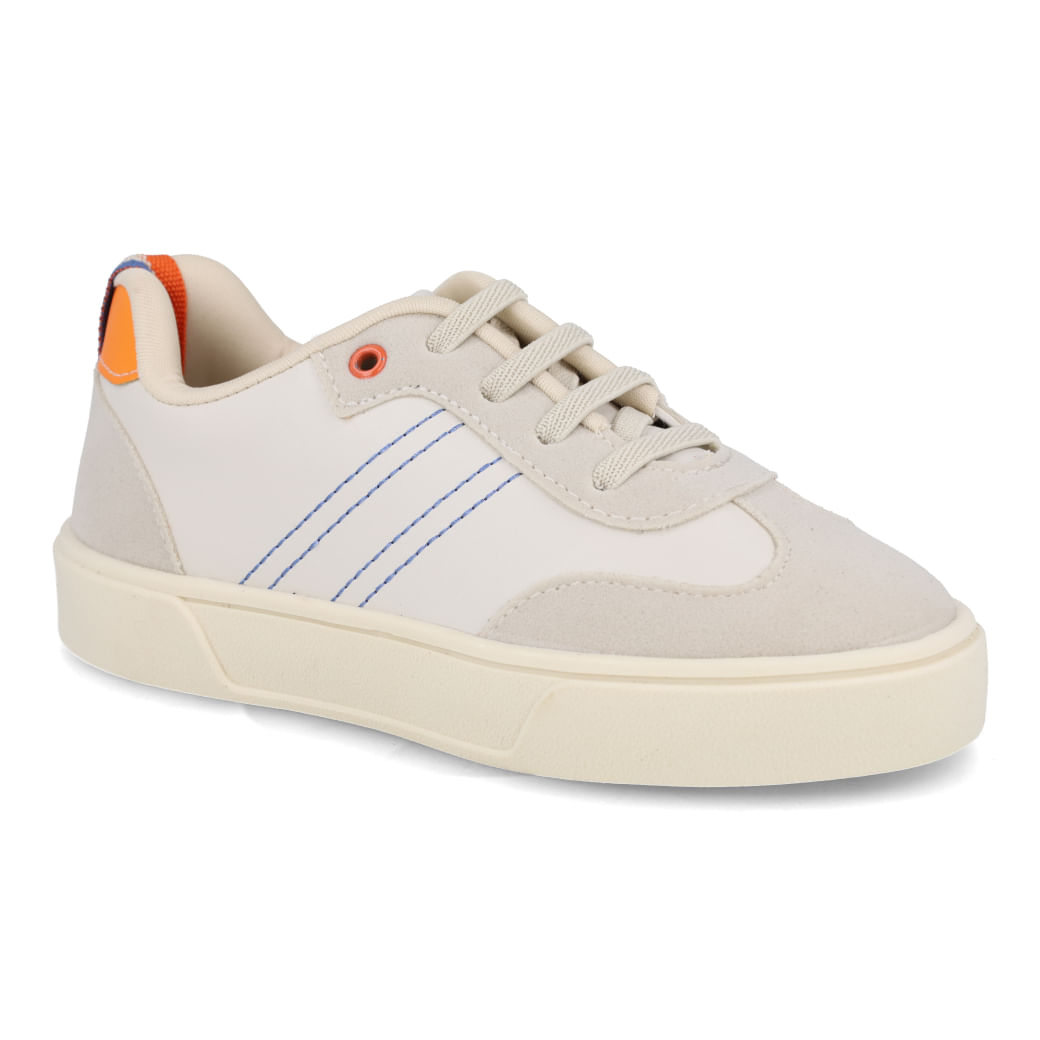 Tênis infantil Funfeet vista frontal direito, cor off white com detalhes bege e azul